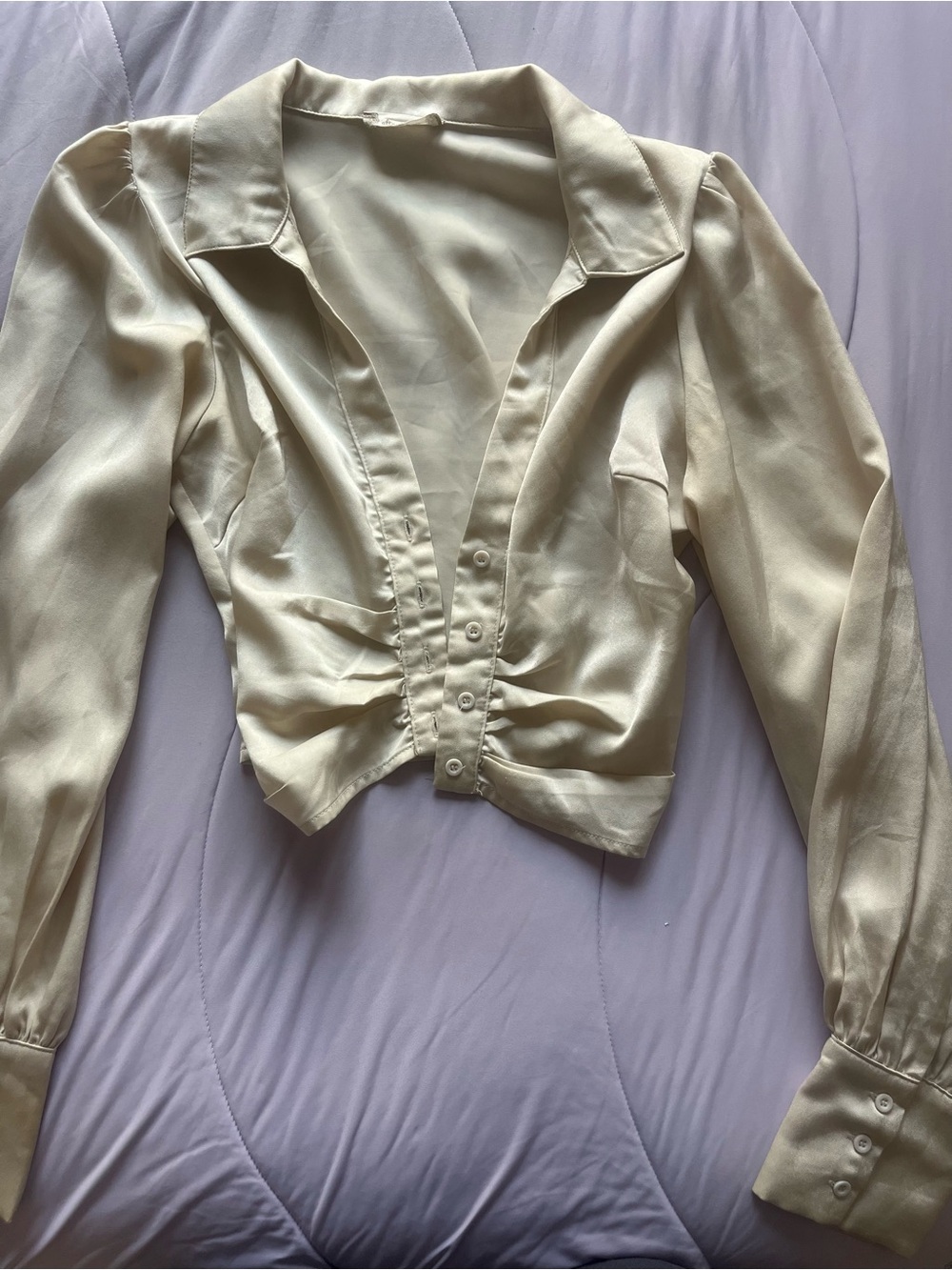 Altar'd State Cream Satin Ruched Button-Front Blouse
